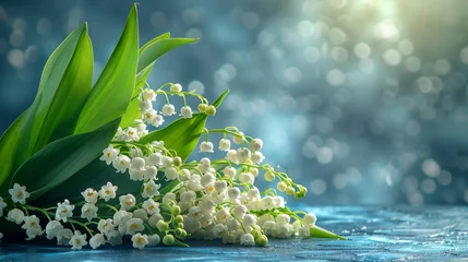 Foto op Plexiglas Lily of the Valley Flowers on Blue Background © Ольга Дорофеева
