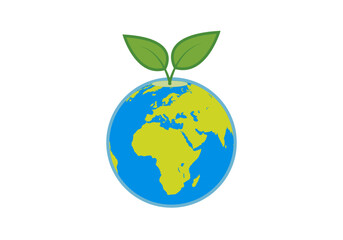 Planeta tierra con brotes de hojas de una planta.