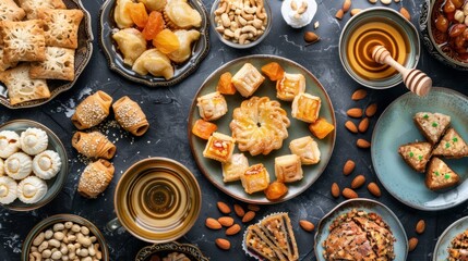 Arabic Cuisine:Middle Eastern desserts. Delicious collection of Ramadan traditional desserts. Served with tasty nuts, dried fruits,honey syrup and oriental tea.Top view with close up.