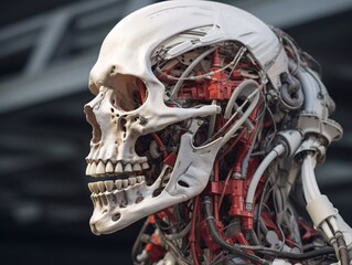 a skull with red and white wires - obrazy, fototapety, plakaty