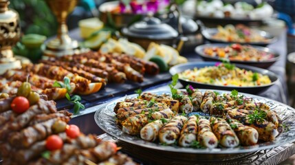 Close-up of food and meze during traditional Muslim Ramadan Iftar meal. 