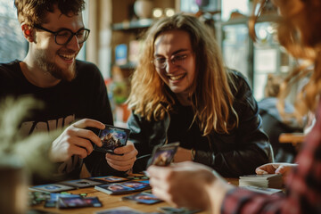 Geeks playing a fantasy card game, staying home with friends to play trading board games - obrazy, fototapety, plakaty