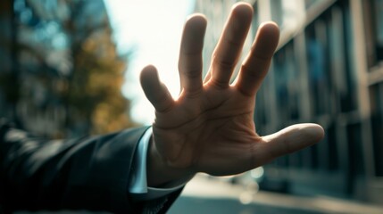 A professional man in a suit is extending his hand out in a gesture of greeting or offering. He is dressed formally and is making a visible hand gesture. - obrazy, fototapety, plakaty