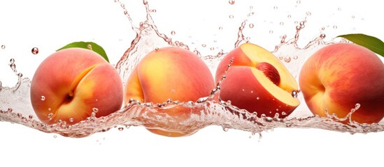 Three ripe peaches are falling and creating splashes as they drop into a clear glass filled with water