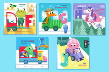Letter set. Alphabet, cards with cute cartoon style characters. Animals and transport. ABC. Education for children. Preschool activity. Vector illustrations.