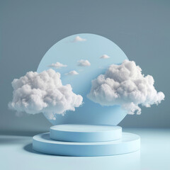 Minimalist Cloud Scene 3D Blue Render with Podium and Clouds for Product Display
