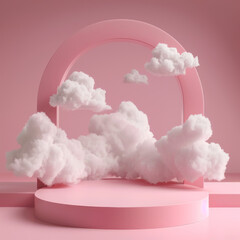 Minimalist Cloud Scene 3D pink Render with Podium and Clouds for Product Display