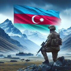 Azerbijan Soldier Night Mountain Background Generative Ai - obrazy, fototapety, plakaty