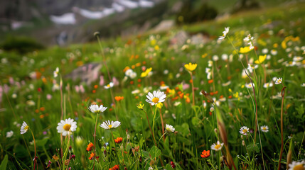 Obraz premium A photo of a tranquil alpine meadow, with wildflowers in full bloom as the background, during spring, with empty copy space