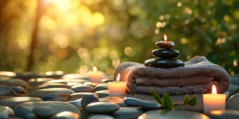 Papier Peint Lavable Spa Massage Stones With Towels And Candles blurred Background Spa Concept