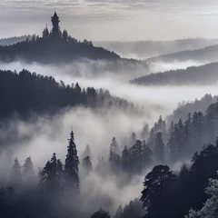 Papier Peint photo Lavable Forêt dans le brouillard 안개 낀 숲
