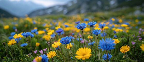 A photo of a tranquil alpine meadow, with wildflowers in full bloom as the background, during spring, with empty copy space - obrazy, fototapety, plakaty