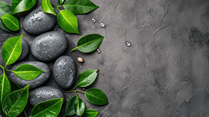 Obraz na płótnie Canvas Top view Spa stone and leaves on grey background