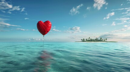 A realistic red heart shaped balloon gracefully floating on the surface of the ocean, surrounded by water.