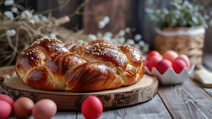 Obraz na płótnie Canvas Easter sweet traditional bread, greek tsoureki and red eggs on a table 