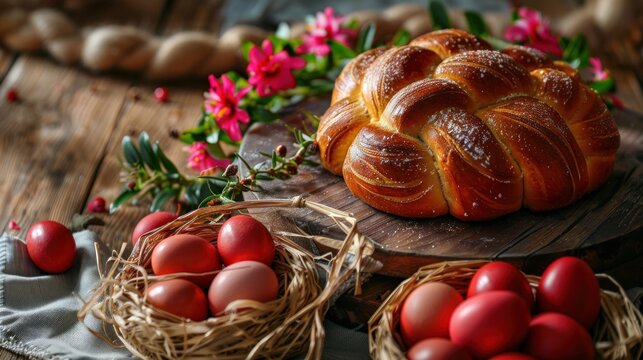 Easter sweet traditional bread, greek tsoureki and red eggs on a table 