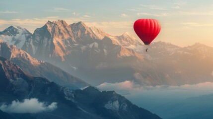A vivid red hot air balloon in the shape of a heart floats gracefully above a majestic mountain range. The balloon stands out against the clear blue sky as it glides through the air.