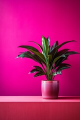 Potted plant on table in front of magenta wall, in the style of minimalist backgrounds, exotic