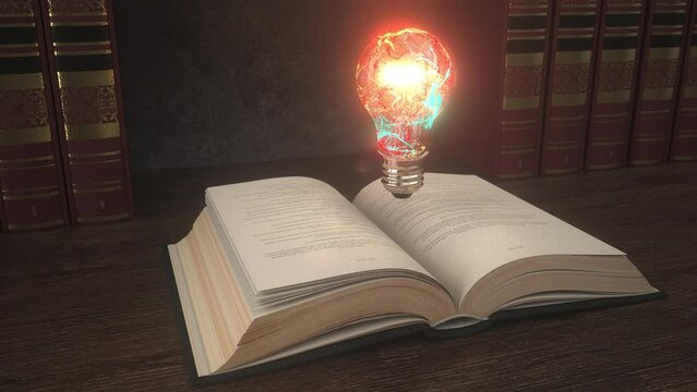 4k Video Opened Book Lightbulb Color Splash Bookshelf.  ProRes 4444
