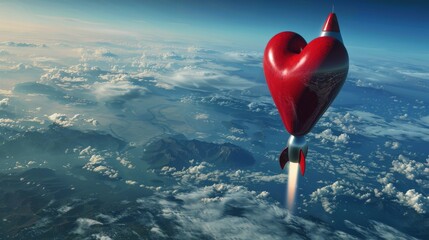 A red heart shaped rocket is soaring through the sky, leaving a trail behind. The rocket is moving rapidly upwards, propelled by an unseen force.