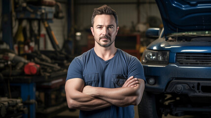 Portrait confident male auto mechanic crossed arms in modern auto repair shop, garage.

