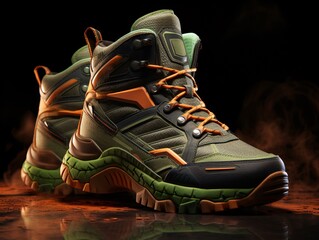 a pair of green and orange hiking boots
