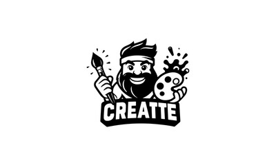 artistic mascot character logo, beard man , paint black and white mascot logo icon,astistic cartoon logo