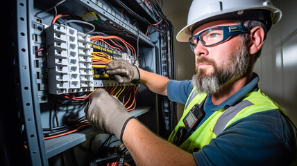 Professional male electrician engineer repairing the switchboard voltage with automatic switches. - obrazy, fototapety, plakaty