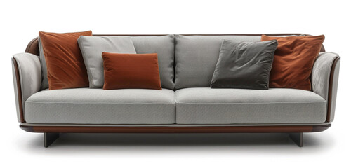 Lavish sofa, mix of textures, smooth leather, plush velvet, sleek metal.