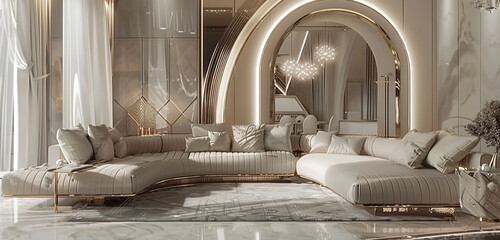 Luxurious modern sofa, monochromatic design, metallic accents, sophistication.