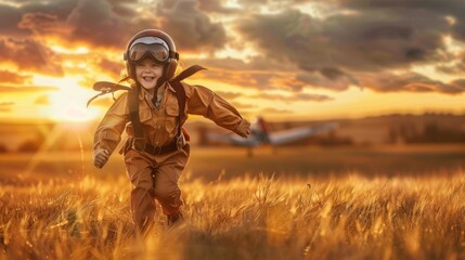 A young boy is standing in a field With Plan, playing and observing a plane flying in the distance....