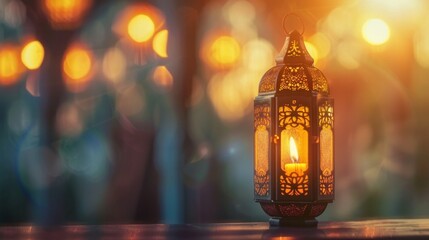 Ornamental Arabic lantern with burning candle glowing at night. Festive greeting card, invitation for Muslim holy month Ramadan Kareem