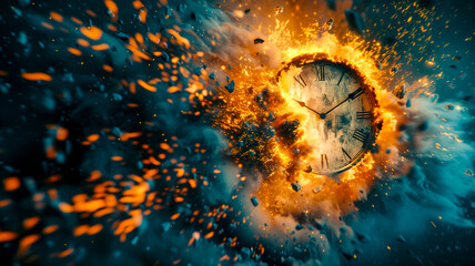 Old antique clock is burning. Time is running out, no time left, haste, and deadline concept - obrazy, fototapety, plakaty