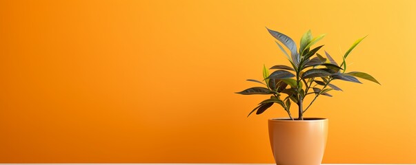 Potted plant on table in front of orange wall, in the style of minimalist backgrounds, exotic