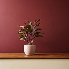 Potted plant on table in front of maroon wall, in the style of minimalist backgrounds, exotic