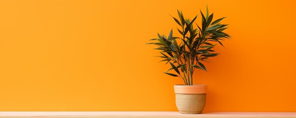 Potted plant on table in front of orange wall, in the style of minimalist backgrounds, exotic - obrazy, fototapety, plakaty