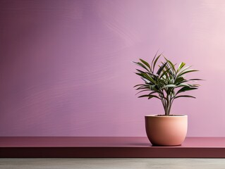 Potted plant on table in front of mauve wall, in the style of minimalist backgrounds, exotic - obrazy, fototapety, plakaty