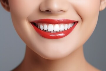 Beautiful smile of a young woman with red lipstick on her lips close-up. Perfect white teeth, luxurious smile, dental procedures concept, teeth whitening