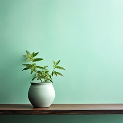 Potted plant on table in front of mint wall, in the style of minimalist backgrounds, exotic