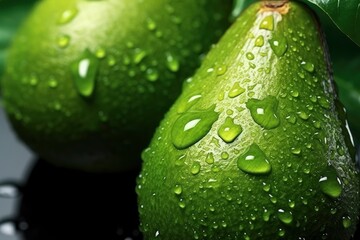 Avocado with water drops close-up. Macro photography of healthy organic avocado fruit. Vegetarian food, beautiful avocado background