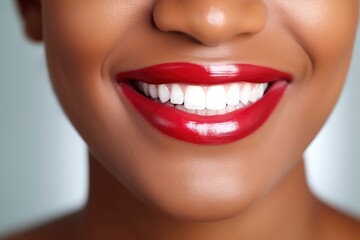 Perfect snow-white smile of an African-American girl with red lipstick on her lips close-up. Dental care concept, whitening, dentistry. Beautiful smile of a happy woman