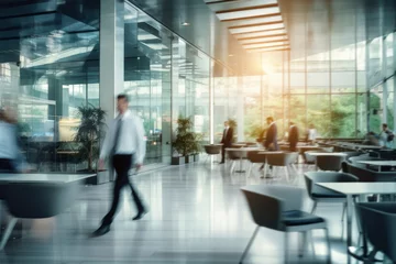 Deurstickers Blurred business background. Walking businessmen in a modern glass office center, shopping mall, bank. Movement effect, stylish interior with green plants © FoxTok