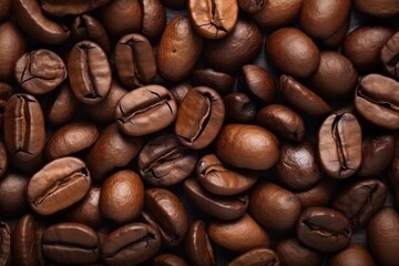 Coffee background. Coffee beans close-up, top view. Coffee texture. Ingredient for preparing a flavored drink. Dark background for design