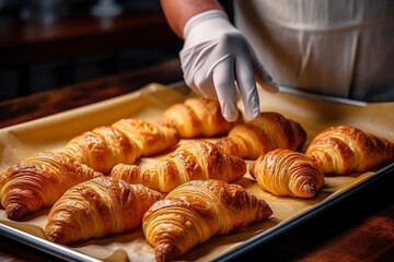 Fresh crispy golden croissants on a baking sheet. The cook in white gloves took the hot croissants out of the oven. Making croissants. Classic pastry, sweet dessert for breakfast