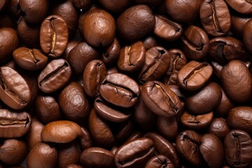 Coffee background. Coffee beans close-up, top view. Coffee texture. Ingredient for preparing a flavored drink. Dark background for design