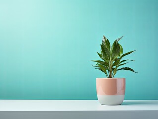 Potted plant on table in front of mint wall, in the style of minimalist backgrounds, exotic