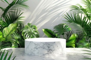 Empty marble podium pedestal for presentation of cosmetics with tropical palm leaves. Mockup template scene for advertising a product, Natural eco cosmetic spa concept