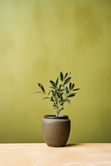 Potted plant on table in front of olive wall, in the style of minimalist backgrounds, exotic