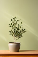 Potted plant on table in front of olive wall, in the style of minimalist backgrounds, exotic
