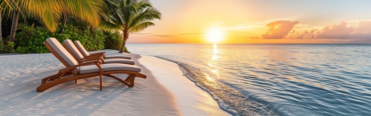 Obraz premium Beautiful beach at Maldives at sunset. Panoramic view. Banner.